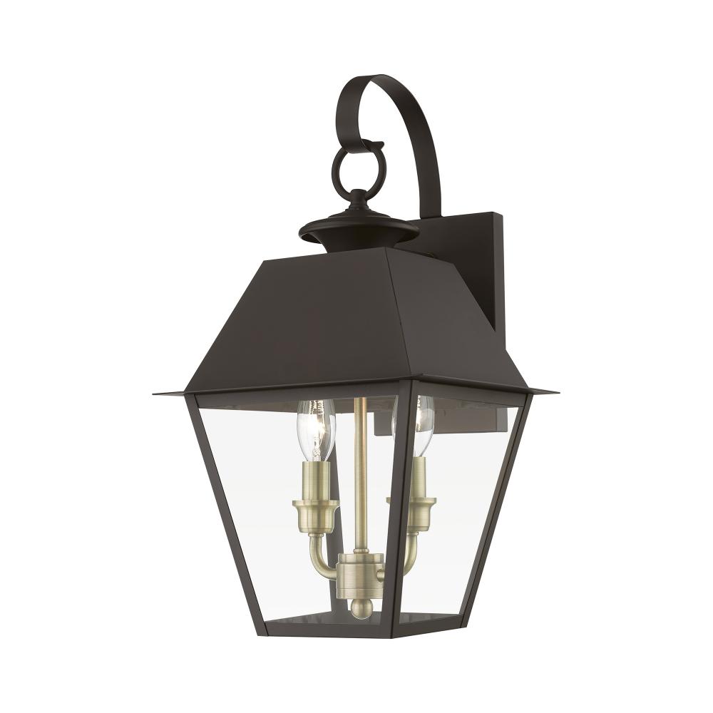 2 Light Bronze with Antique Brass Finish Cluster Outdoor Medium Wall Lantern