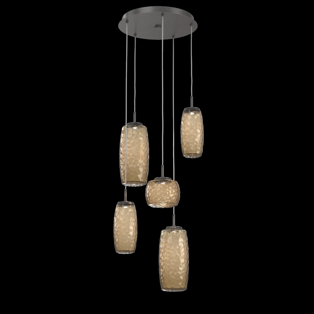 Vessel 5pc Round Multi-Pendant-Graphite-Bronze Blown Glass-Cloth Braided Cord-LED 3000K