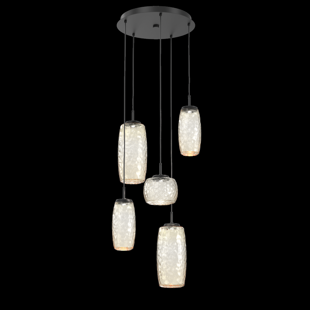 Vessel 5pc Round Multi-Pendant-Matte Black-Amber Blown Glass-Cloth Braided Cord-LED 3000K