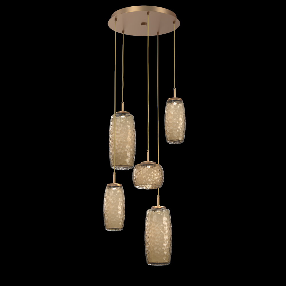 Vessel 5pc Round Multi-Pendant-Novel Brass-Bronze Blown Glass-Cloth Braided Cord-LED 3000K