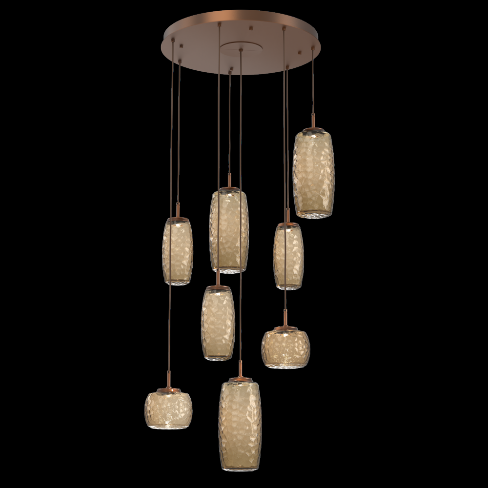 Vessel 8pc Round Multi-Pendant-Burnished Bronze-Bronze Blown Glass-Cloth Braided Cord-LED 3000K