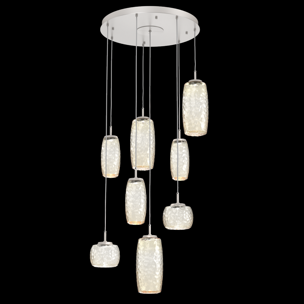 Vessel 8pc Round Multi-Pendant-Beige Silver-Amber Blown Glass-Cloth Braided Cord-LED 2700K