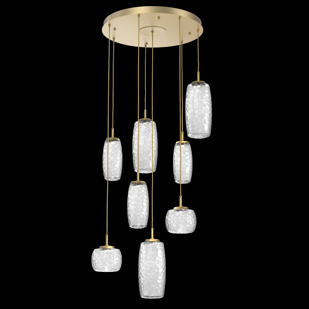 Vessel 8pc Round Multi-Pendant-Gilded Brass-Clear Blown Glass-Cloth Braided Cord-LED 3000K