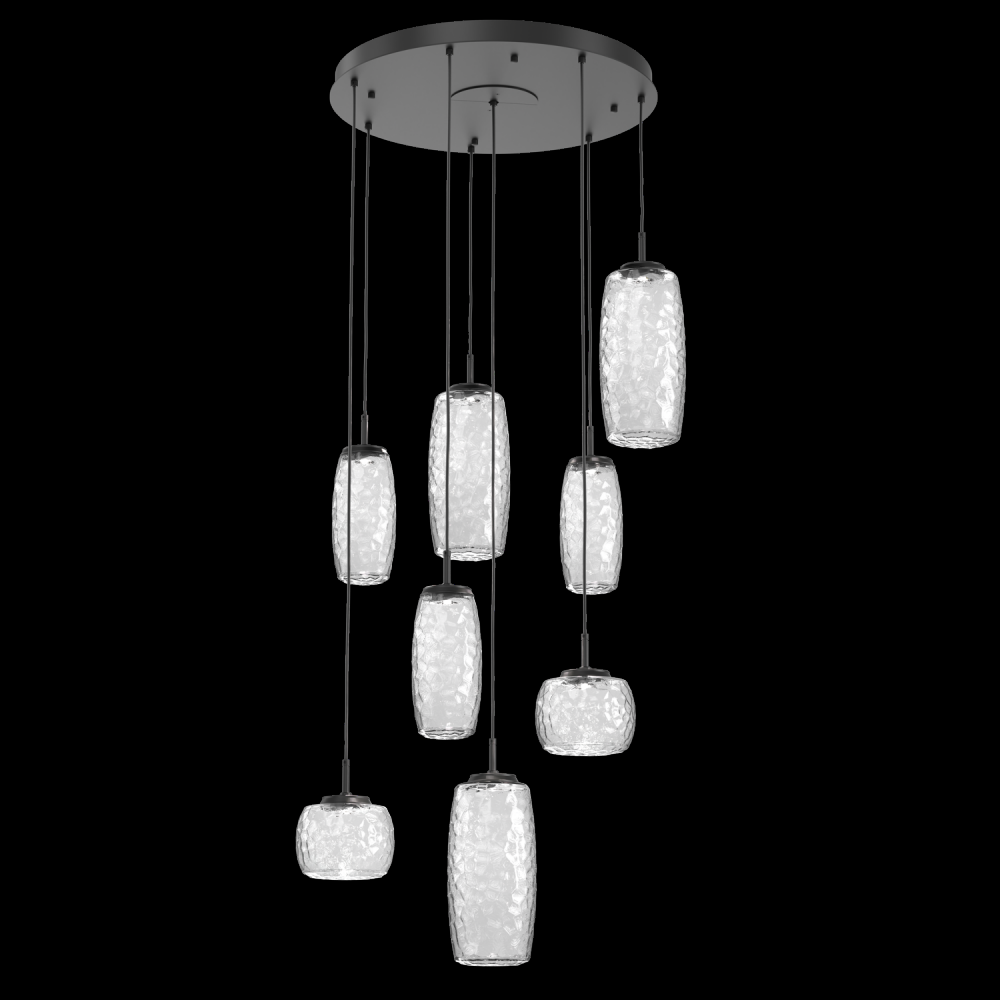 Vessel 8pc Round Multi-Pendant-Matte Black-Clear Blown Glass-Cloth Braided Cord-LED 2700K