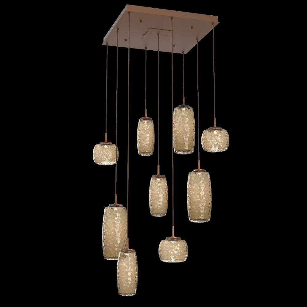 Vessel 9pc Square Multi-Pendant-Burnished Bronze-Bronze Blown Glass-Cloth Braided Cord-LED 2700K