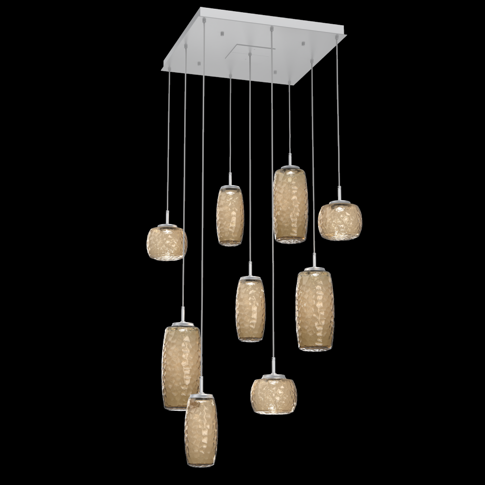 Vessel 9pc Square Multi-Pendant-Classic Silver-Bronze Blown Glass-Cloth Braided Cord-LED 3000K