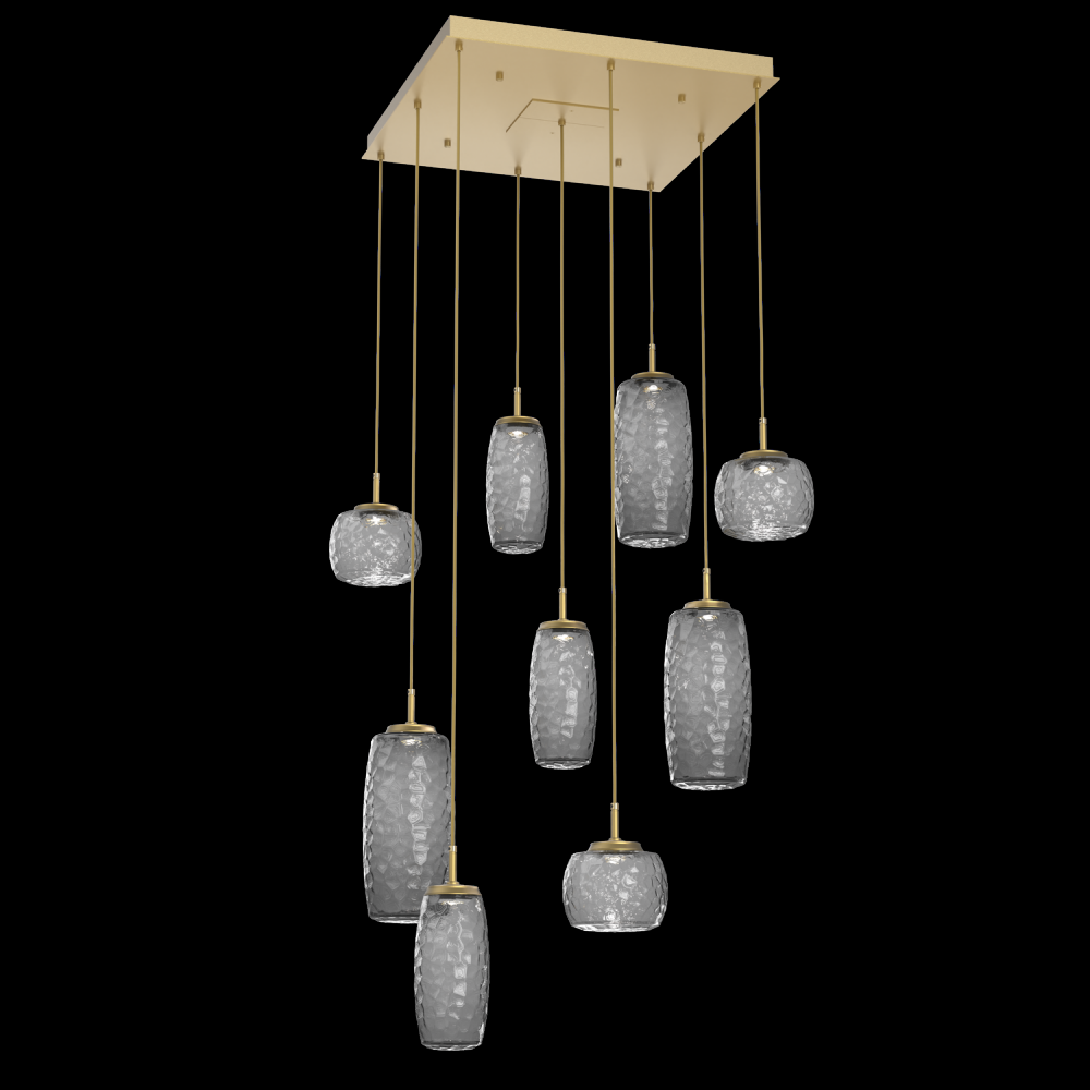 Vessel 9pc Square Multi-Pendant-Gilded Brass-Smoke Blown Glass-Cloth Braided Cord-LED 2700K