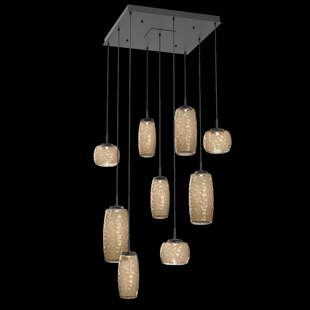 Vessel 9pc Square Multi-Pendant-Matte Black-Bronze Blown Glass-Cloth Braided Cord-LED 2700K