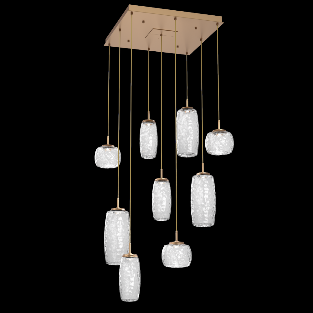 Vessel 9pc Square Multi-Pendant-Novel Brass-Clear Blown Glass-Cloth Braided Cord-LED 3000K