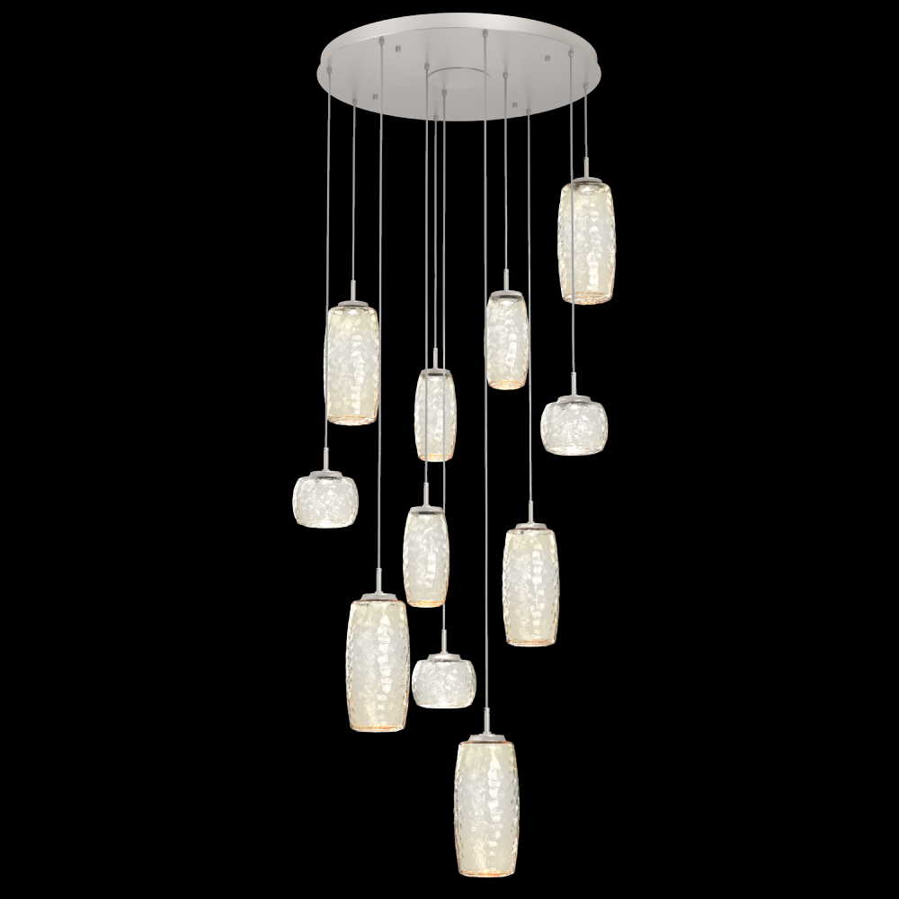 Vessel 11pc Round Multi-Pendant-Beige Silver-Amber Blown Glass-Cloth Braided Cord-LED 3000K