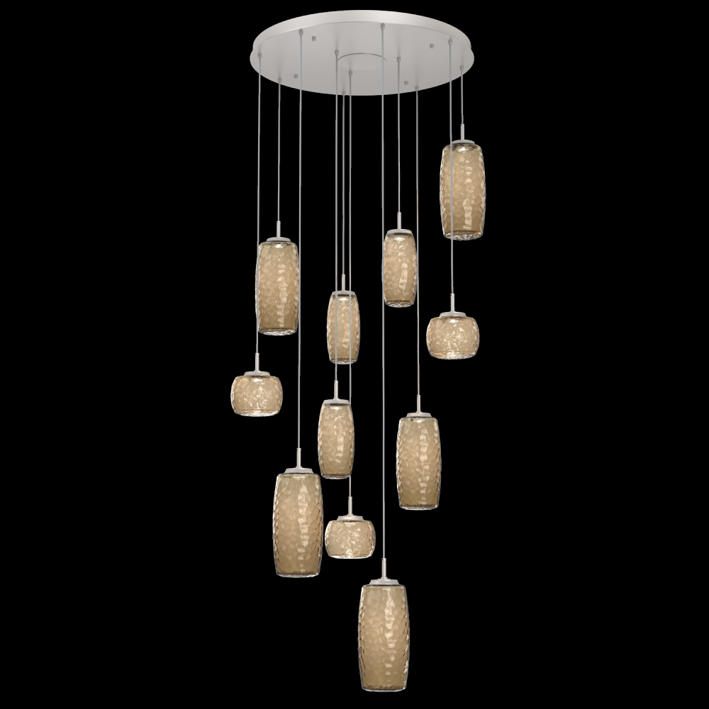 Vessel 11pc Round Multi-Pendant-Beige Silver-Bronze Blown Glass-Cloth Braided Cord-LED 3000K