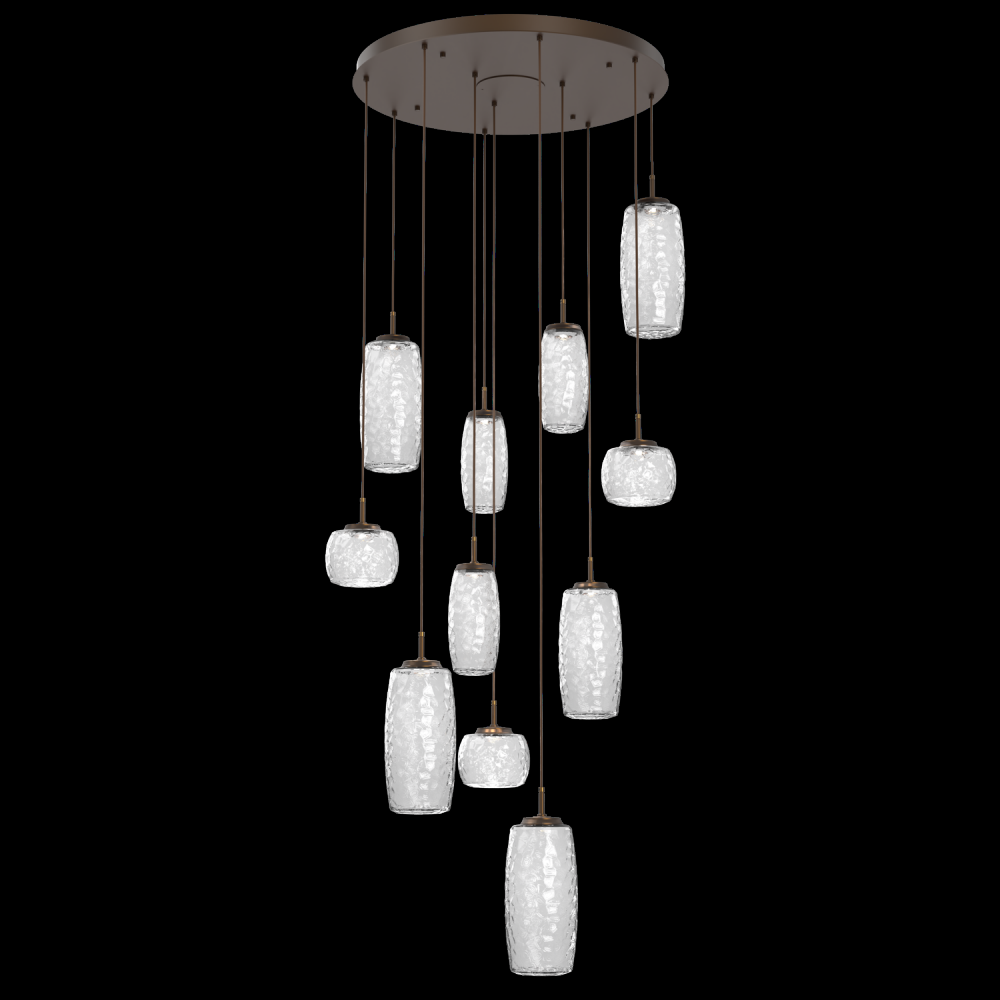 Vessel 11pc Round Multi-Pendant-Flat Bronze-Clear Blown Glass-Cloth Braided Cord-LED 3000K