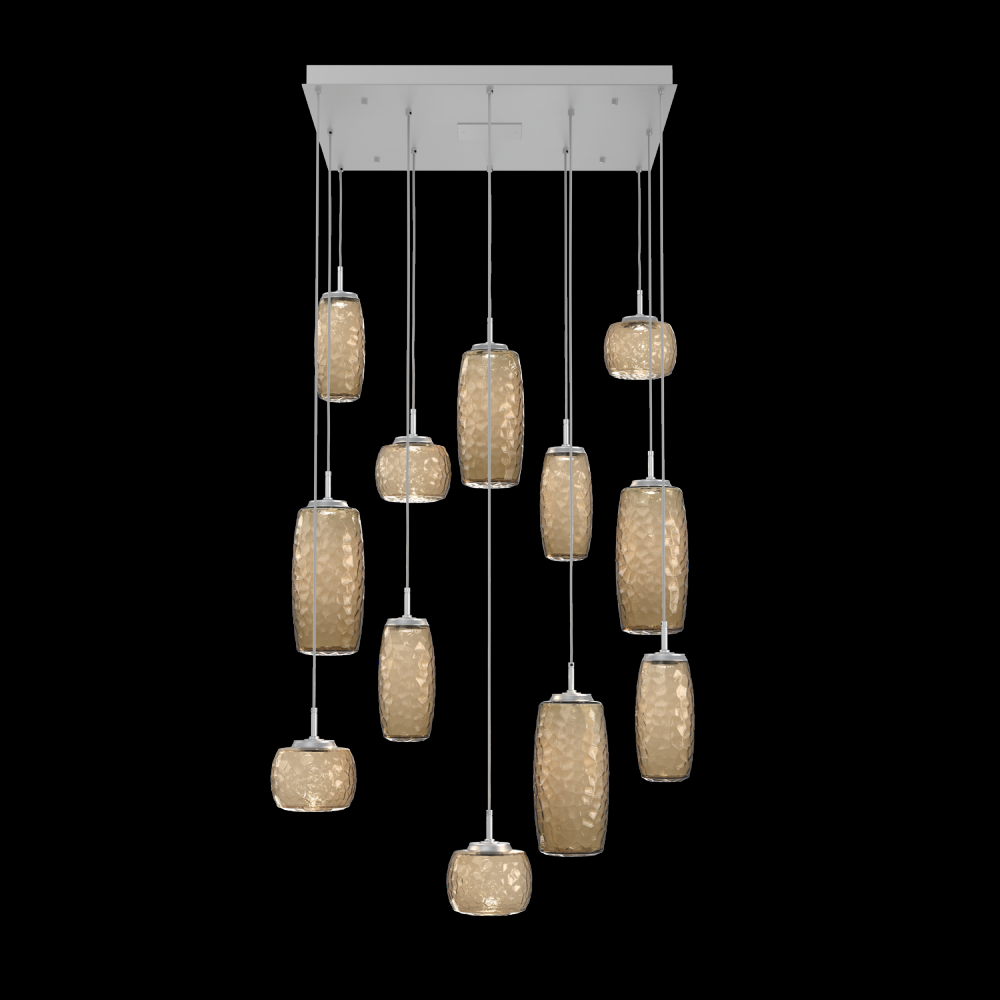 Vessel 12pc Square Multi-Pendant-Classic Silver-Bronze Blown Glass-Cloth Braided Cord-LED 3000K