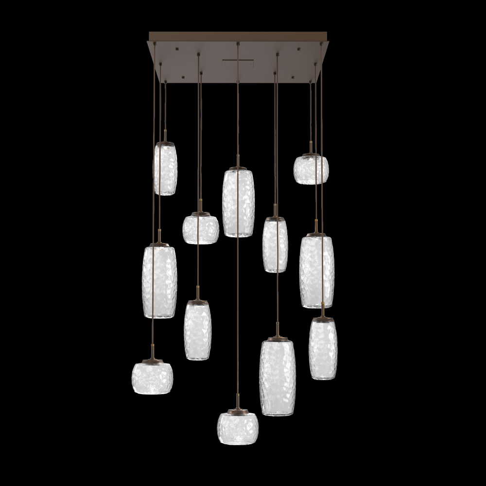 Vessel 12pc Square Multi-Pendant-Flat Bronze-Clear Blown Glass-Cloth Braided Cord-LED 3000K