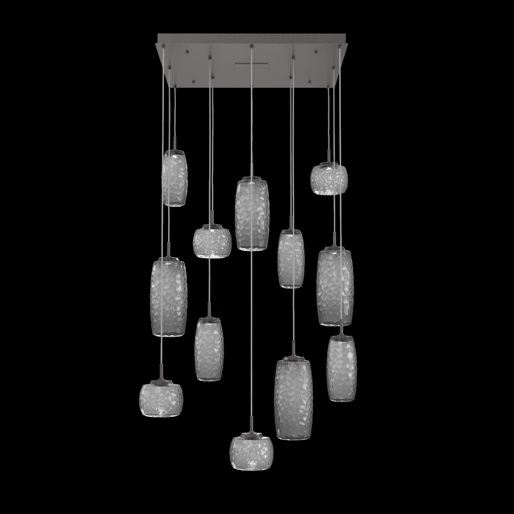 Vessel 12pc Square Multi-Pendant-Graphite-Smoke Blown Glass-Cloth Braided Cord-LED 2700K