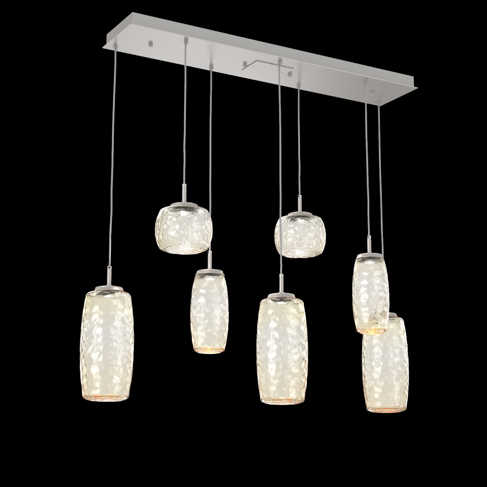 Vessel 7pc Linear Multi-Pendant-Beige Silver-Amber Blown Glass-Cloth Braided Cord-LED 3000K