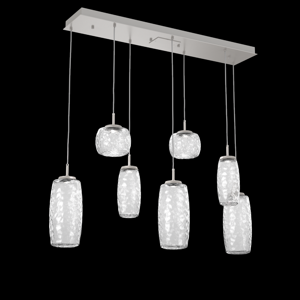 Vessel 7pc Linear Multi-Pendant-Beige Silver-Clear Blown Glass-Cloth Braided Cord-LED 2700K