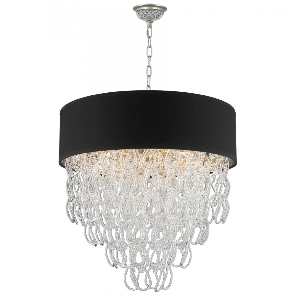 Halo Collection 9 Light Matte Nickel Finish and Clear Crystal with Black Drum Shade Pendant D24&#34;