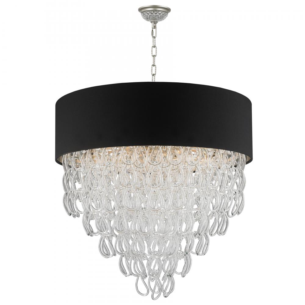 Halo Collection 12 Light Matte Nickel Finish and Clear Crystal with Black Drum Shade Pendant D28&#34