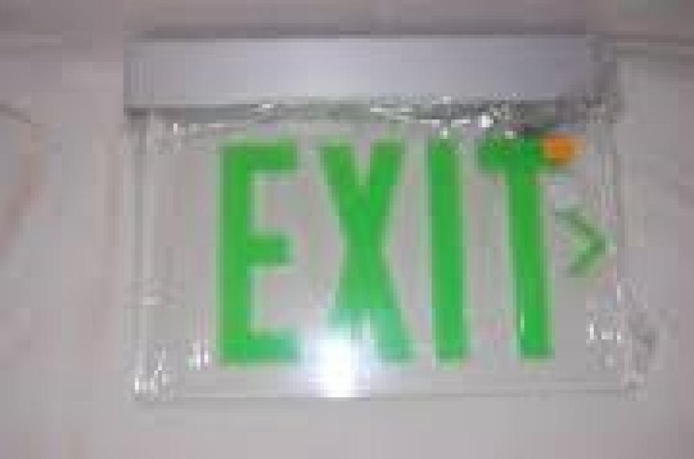 Exit Sign, 1-Sided, Ceiling Mounted, Green Letters on Clear Backplate