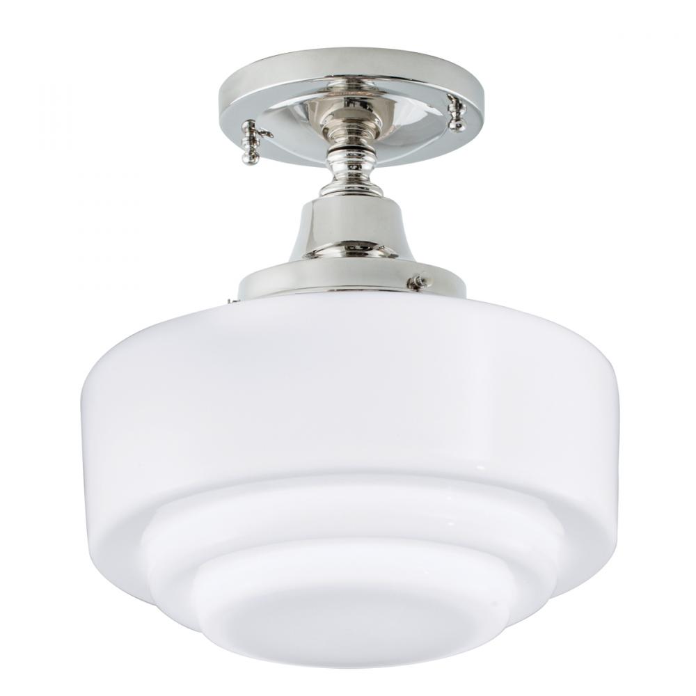 Schoolhouse Flush Mount Light - Polished Nickel with Stepped Glass