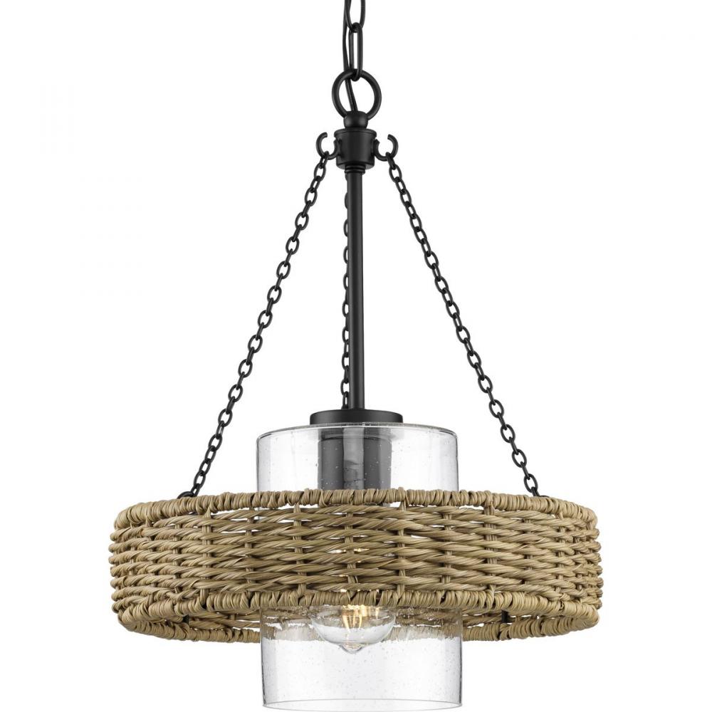 Pembroke Collection One-Light 18.5&#34; Matte Black Coastal Outdoor Pendant with Mocha Rattan Accent