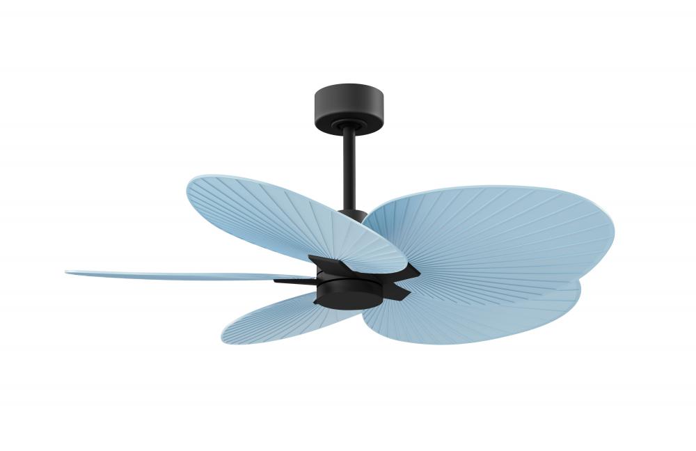 Alessandra Tropical 5-blade ceiling fan in Matte Black and Light Blue blades.