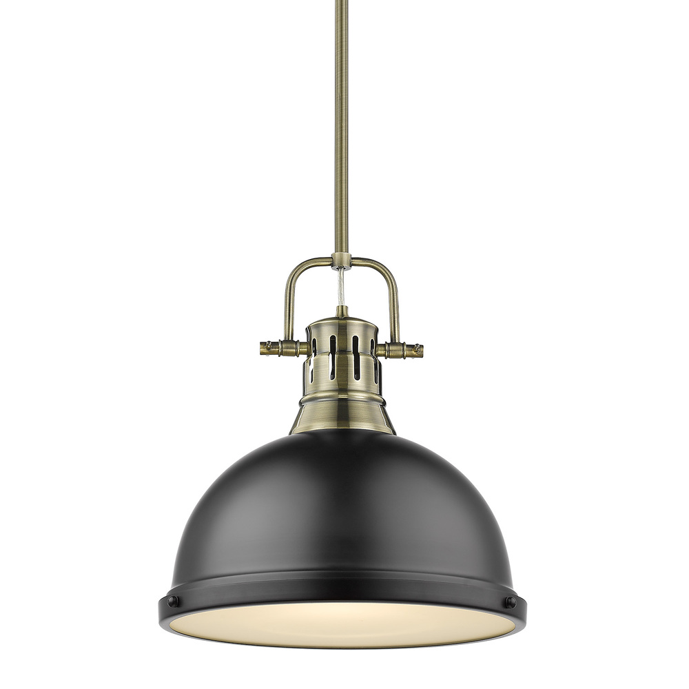 Duncan 1 Light Pendant with Rod in Aged Brass with a Matte Black Shade