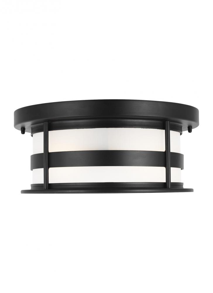 Wilburn modern 2-light LED outdoor exterior ceiling flush mount in black finish with satin etched gl