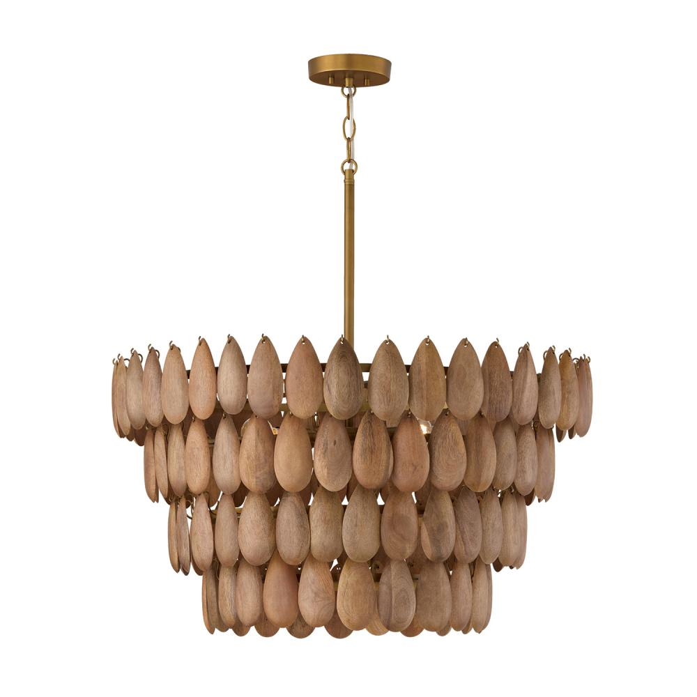 4-Light Pendant in Hand-distressed Patinaed Brass and Handcrafted Mango Wood