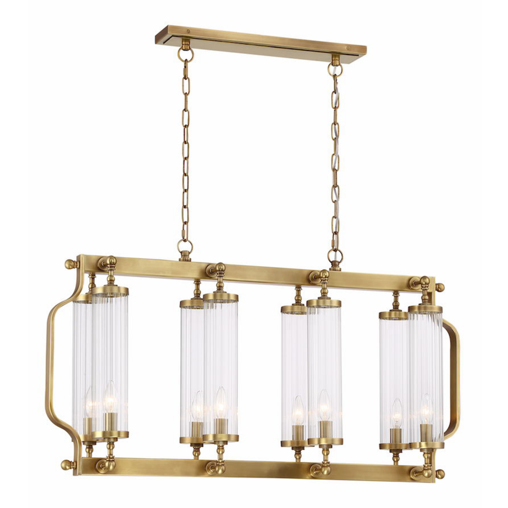 8-Light 40&#34; Linear Aged Brass Fluted Glass Chandelier