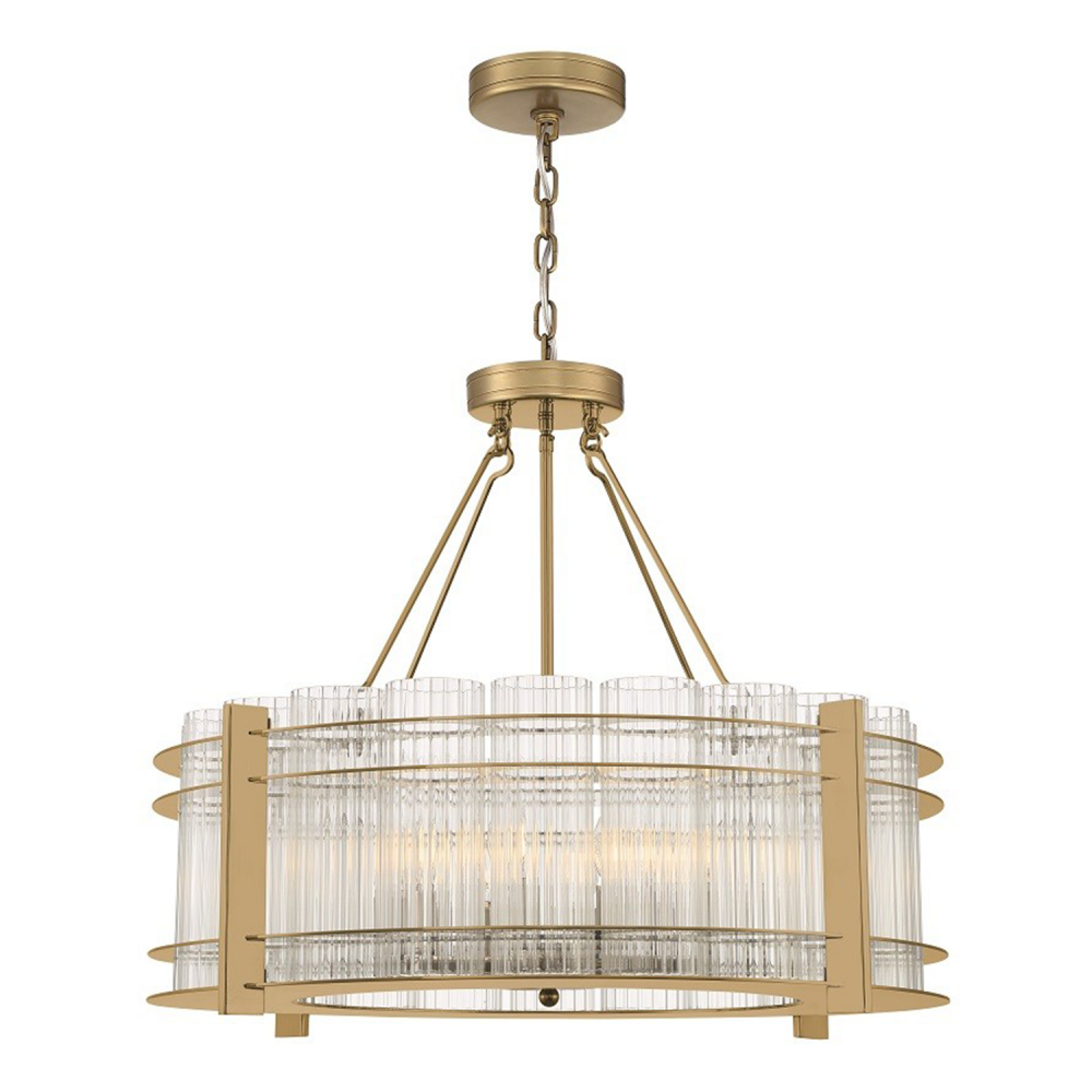 10-Light 28&#34; Round Fluted Glass Aged Brass Chandelier