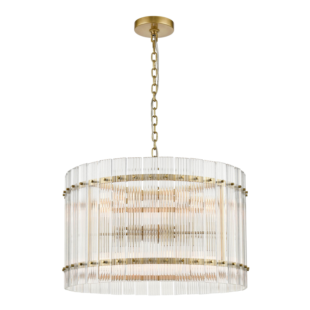 12-Light Fluted Glass Panel Aged Brass Drum Pendant Light