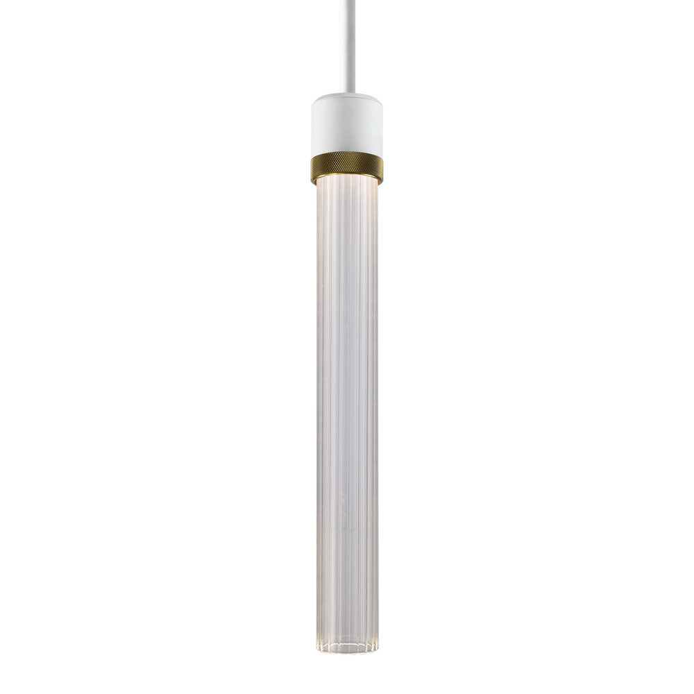 3&#34; LED 3CCT Cylindrical Pendant Light, 18&#34; Fluted Glass and Matte White with Aged Brass Fini