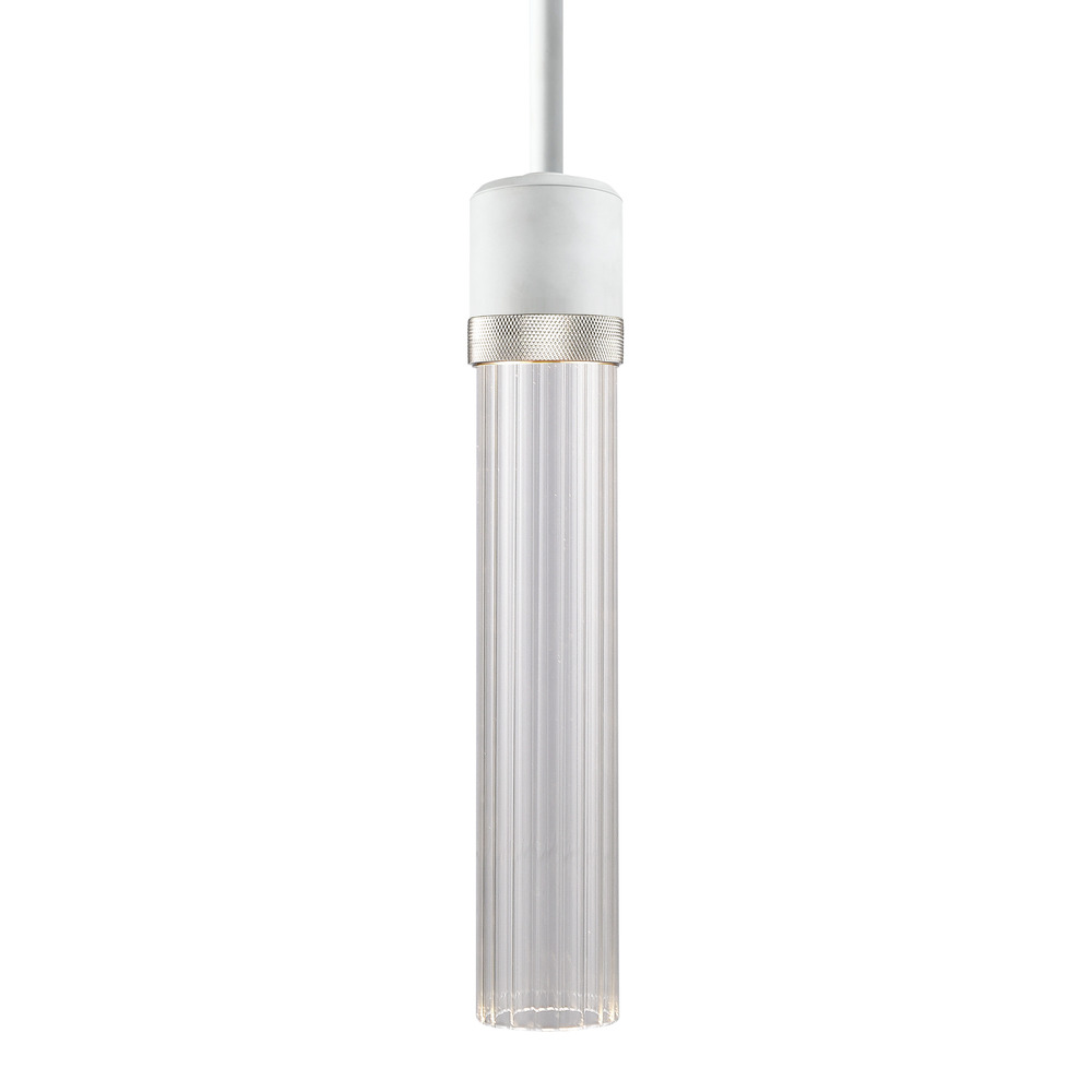 3&#34; LED 3CCT Cylindrical Pendant Light, 12&#34; Fluted Glass and Matte White with Nickel Finish