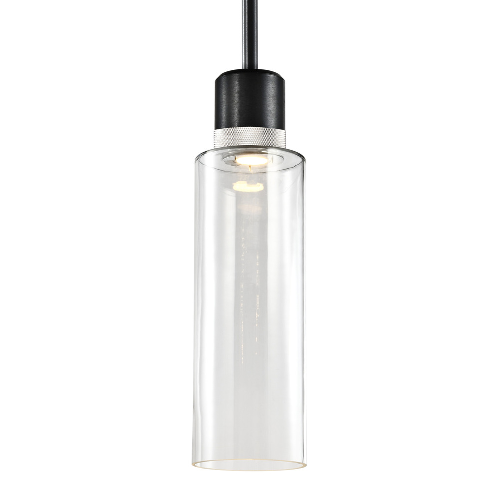 6&#34; LED 3CCT Cylindrical Drum Pendant Light, 18&#34; Clear Glass and Satin Brushed Black with Nic