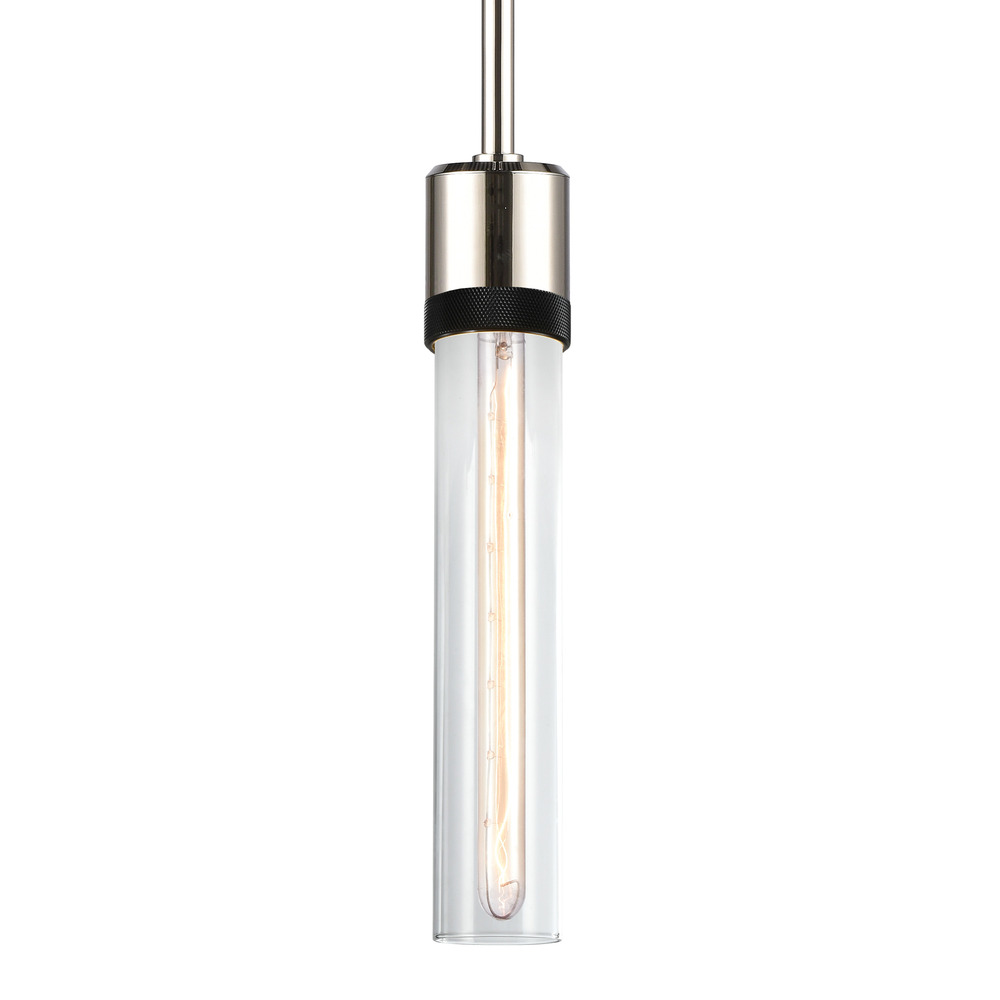 3&#34; E26 Cylindrical Pendant Light, 12&#34; Clear Glass and Polished Nickel with Black Finish