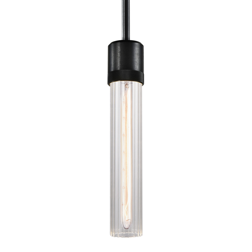 3&#34; E26 Cylindrical Pendant Light, 12&#34; Fluted Glass and Satin Brushed Black Finish