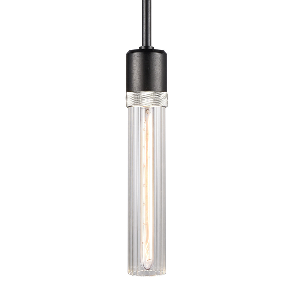 3&#34; E26 Cylindrical Pendant Light, 12&#34; Fluted Glass and Satin Brushed Black with Nickel Finis