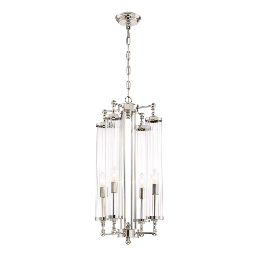 4-Light 14&#34; Decorative Polished Nickel Fluted Glass Vertical Pendant