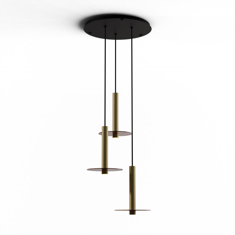 Combi Pendant 12&#34; Circular 3 Combo Brass with Matte Black Canopy, 9&#34; glass plate (Tea Brown)