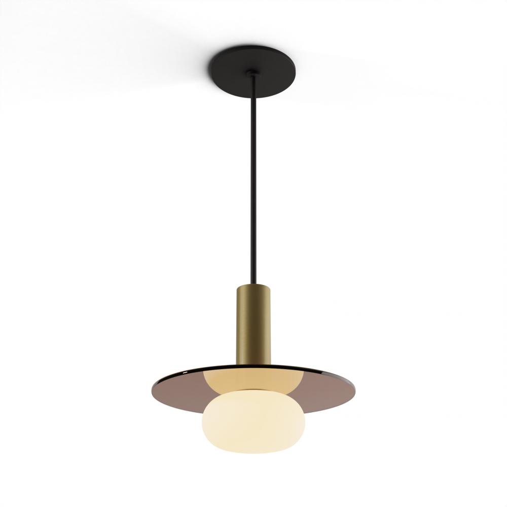 Combi Pendant 6&#34; Single Unit Brass with Matte Black Canopy, 9&#34; glass plate (Tea Brown) attac