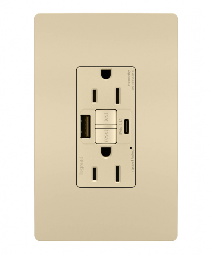 radiant® Tamper-Resistant 15A Duplex Self-Test GFCI Receptacles with SafeLock® Protection, USB Type 