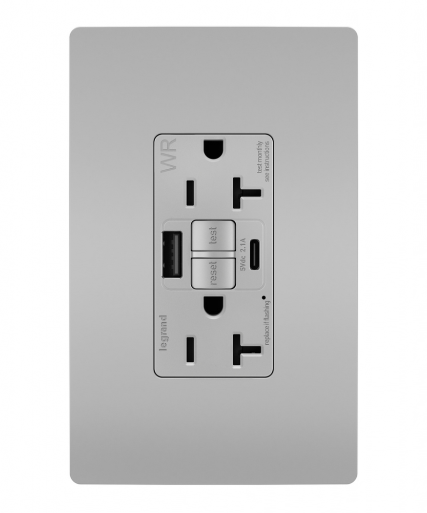 radiant® Tamper-Resistant Weather-Resistant Duplex Self-Test GFCI with USB Type A/C Outlet, Gray