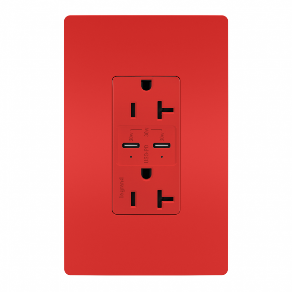 radiant® 20A Tamper Resistant Ultra Fast PLUS Power Delivery USB Type C/C Outlet, Red