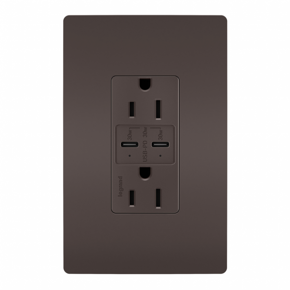 radiant® 15A Tamper Resistant Ultra Fast PLUS Power Delivery USB Type C/C Outlet, Brown (6 pack)