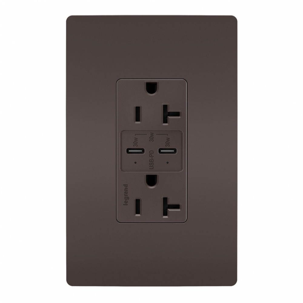 radiant® 20A Tamper Resistant Ultra Fast PLUS Power Delivery USB Type C/C Outlet, Brown