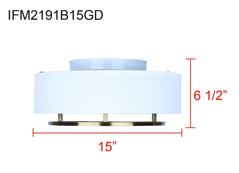 BONNIE, IFM2191B15GD, 2 Lt Flush Mount, White Fabric Shade, 60W Type A, 15inch W x 6.5inch H