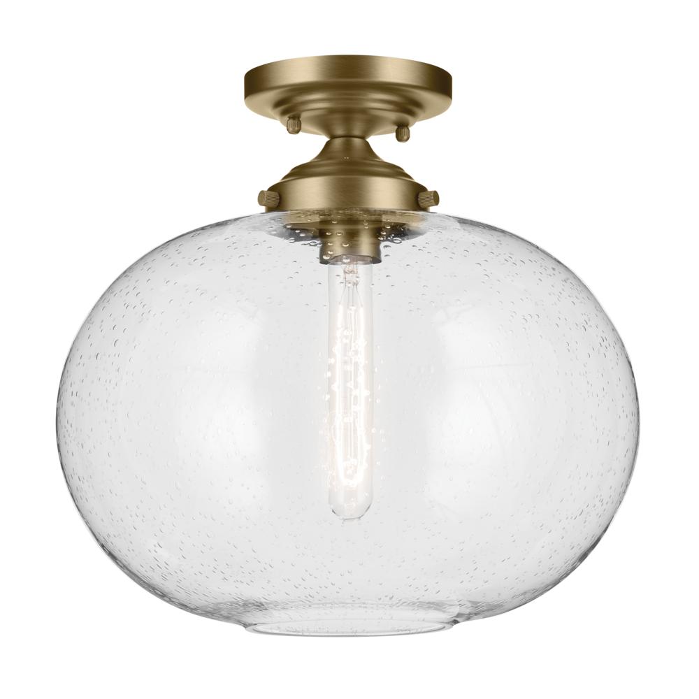 Avery 14.5&#34; 1-Light Flush Mount with Clear Seeded Glass in Natural Brass