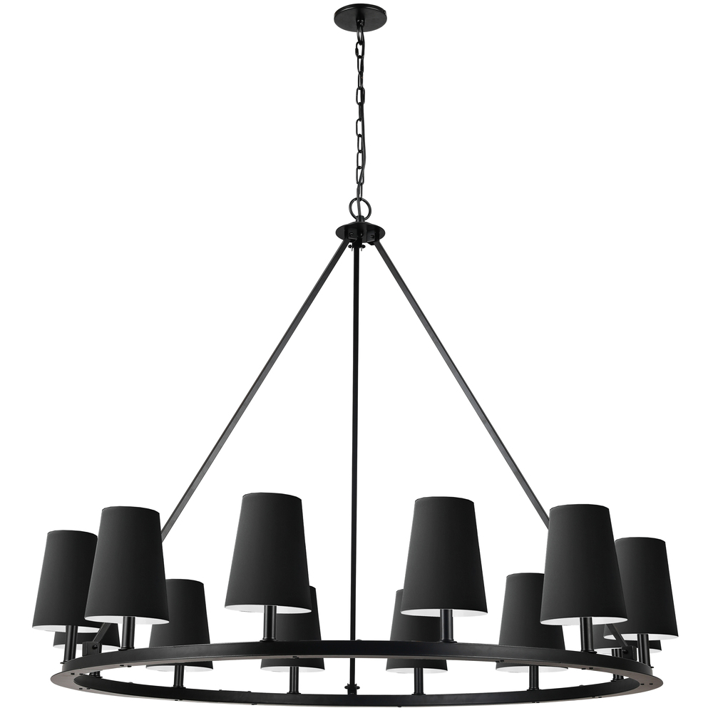 12 Light Incandescent Chandelier, Matte Black with Black Shades